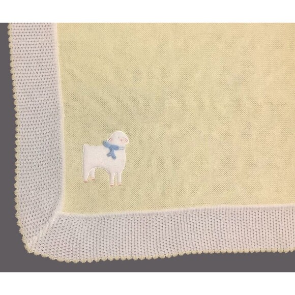 VTG Baby Kisses Yellow White Acrylic Weave Baby Baptism Blanket Embroidered Lamb - Picture 2 of 5